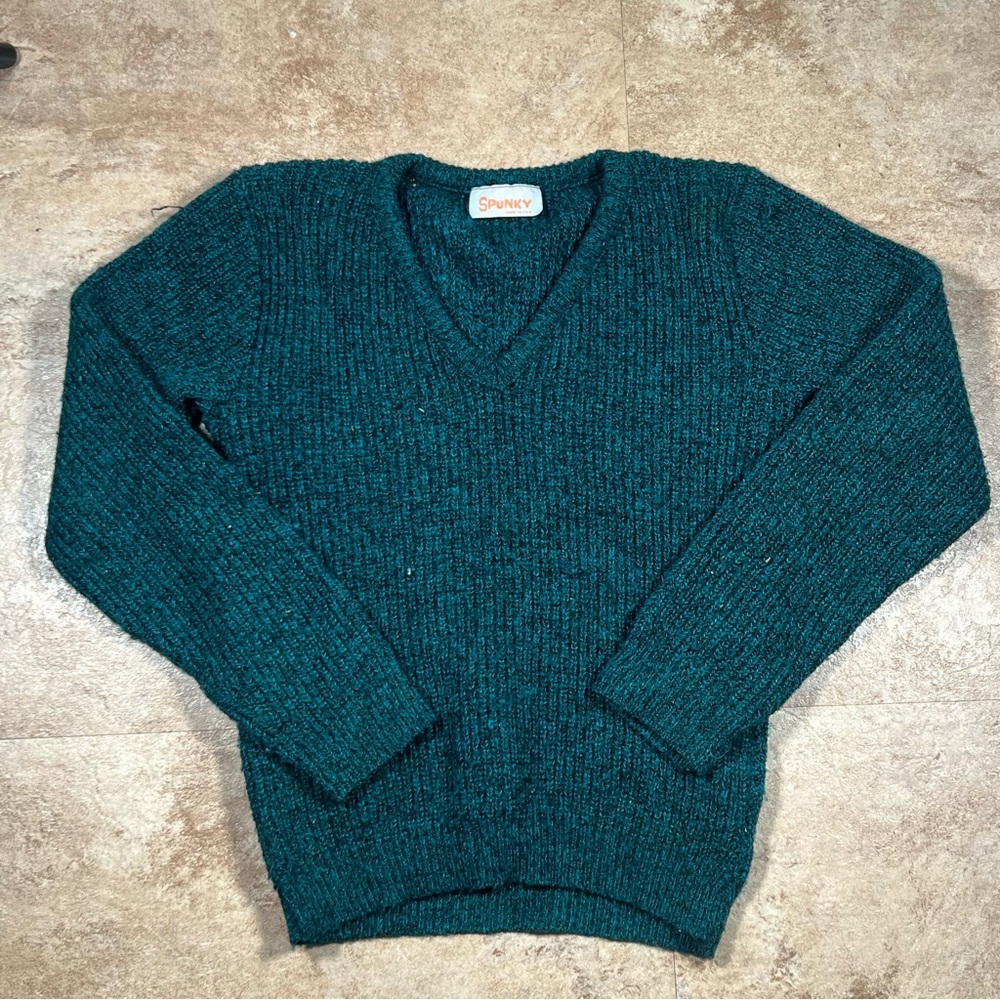 Womens Vintage 90s Spunky V Neck Knit Aqua‎ Sweater Made In USA